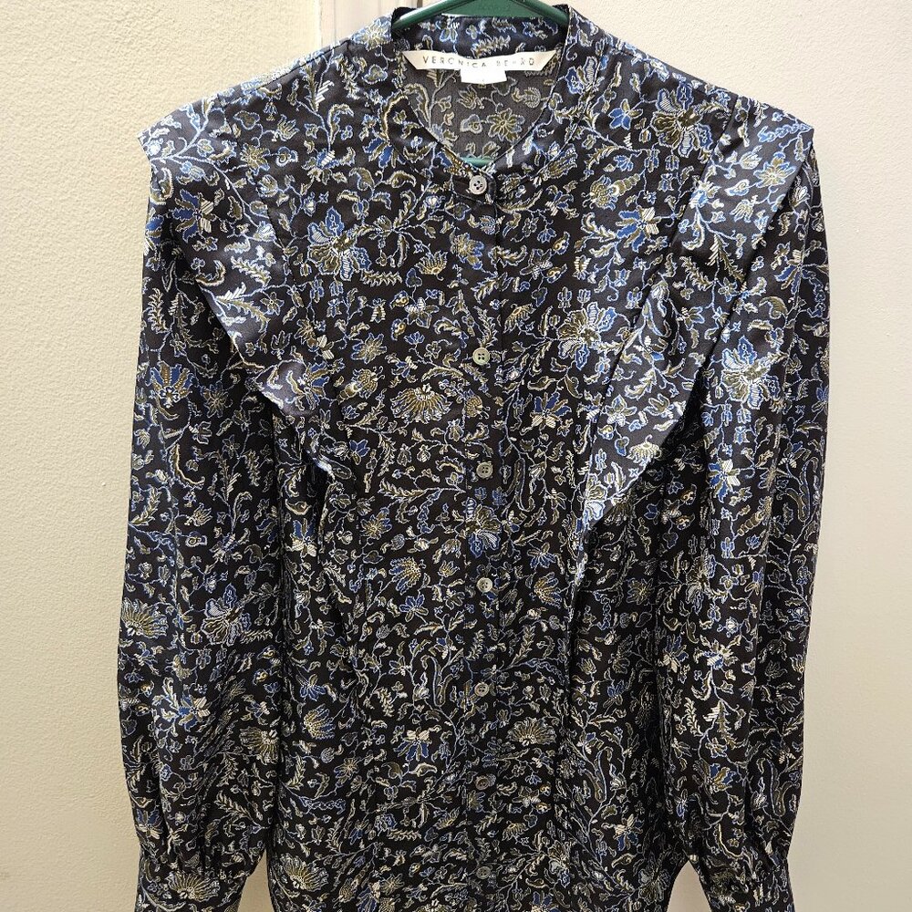 Veronica Beard Drela Silk Button Down Blouse Blue Floral Ruffles Size 2